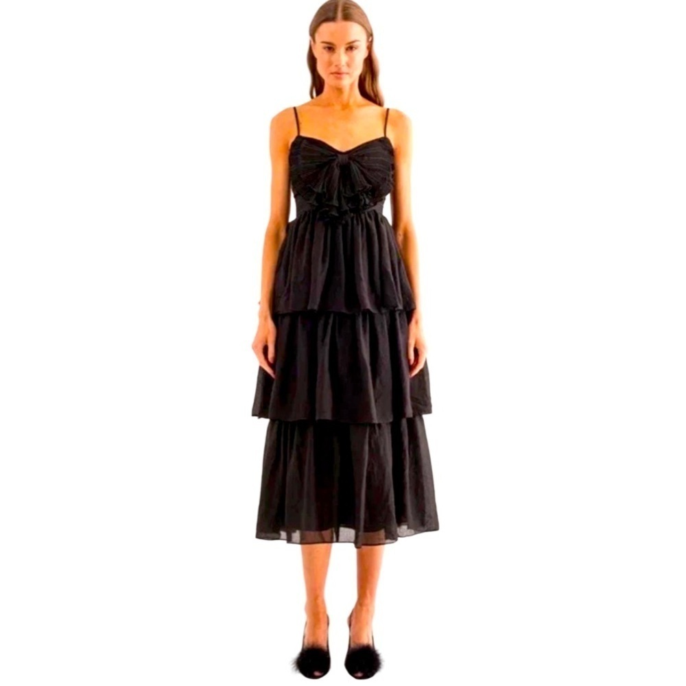 Sofie The Label FIONA Tiered Bow Detail MIDI Ruffle Sleeveless Dress Sz L Black
